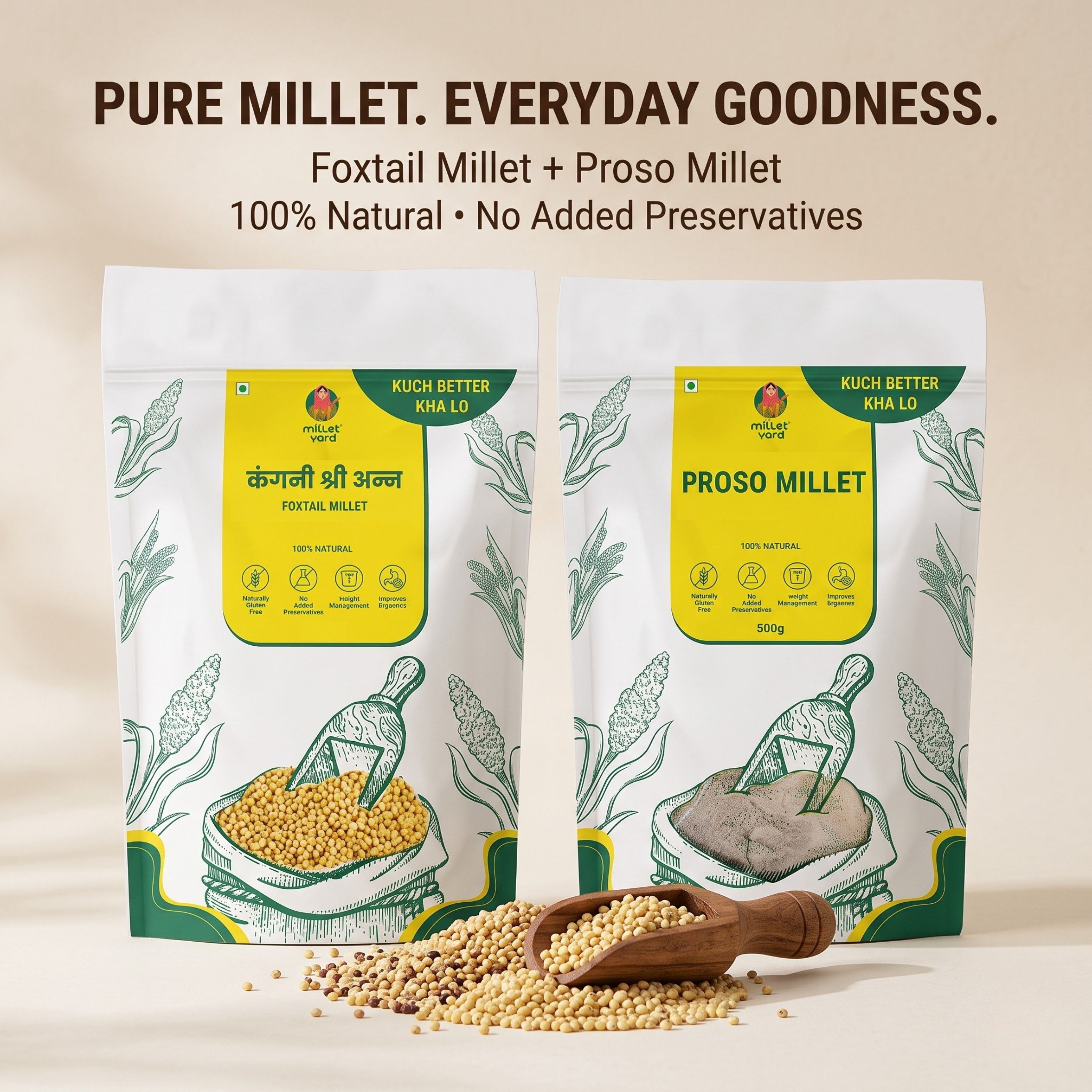 Millets 1 kg Natural Grains Combo Pack of 2 | Proso 500g, foxtail millet 500g