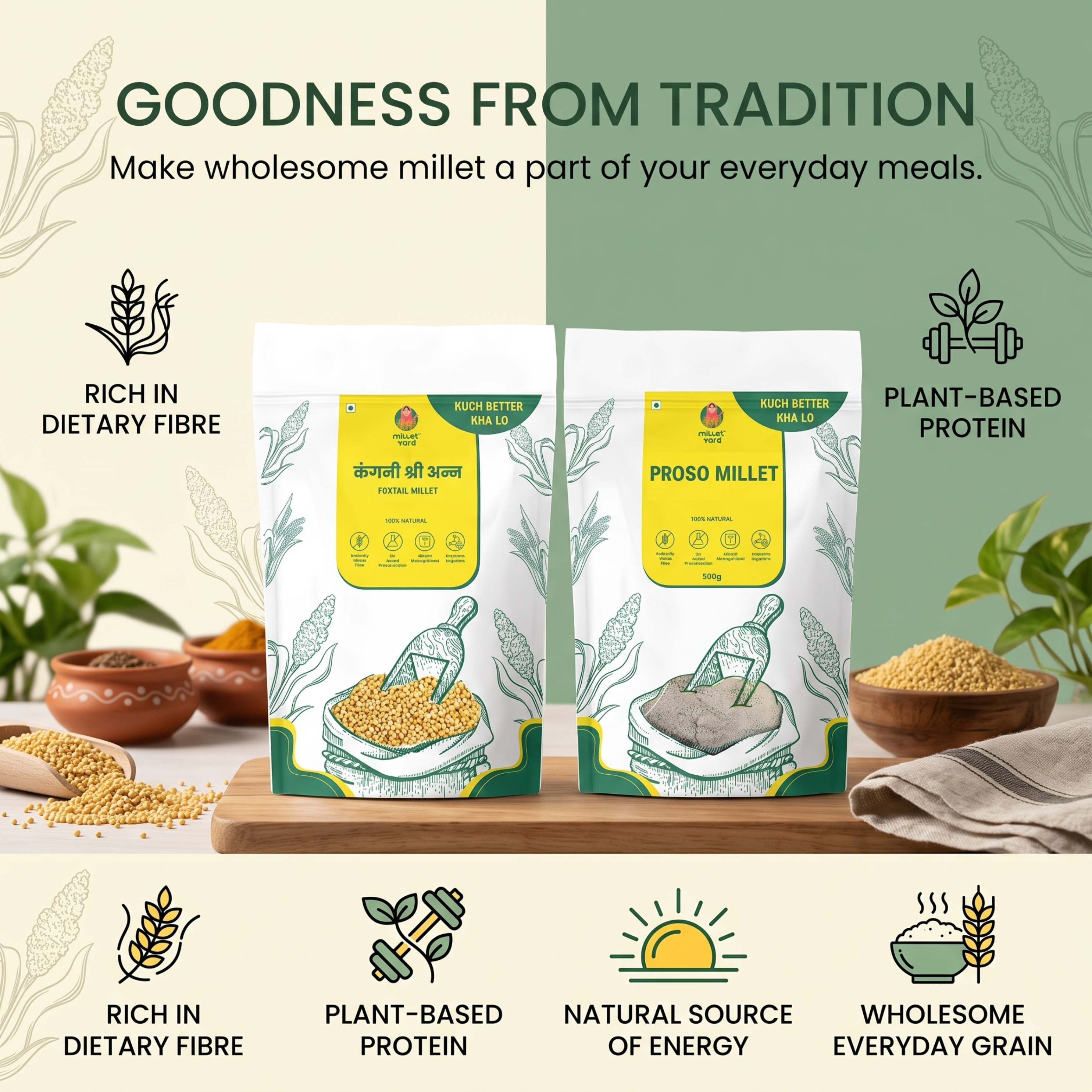 Millets 1 kg Natural Grains Combo Pack of 2 | Proso 500g, foxtail millet 500g