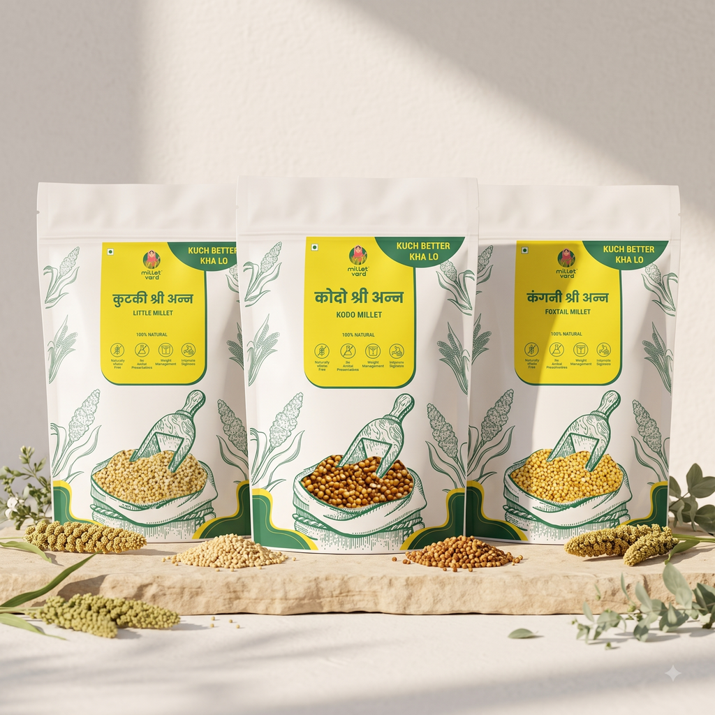 Millet Yard Millets 1.5 kg Natural Grains Combo Pack of 3 | Foxtail 500g, Kodo 500g, Little 500g | Nutrient Powerhouse, High Protein & 100% More Fibre Mixed Millet (1.5 kg, Pack of 3)