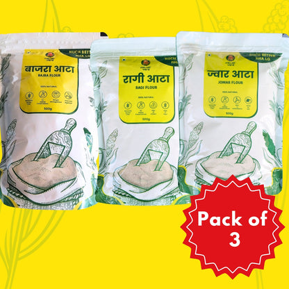 Millet Flour Trio: Jowar, Ragi, and Bajra Atta (Pack of 3 x 500g)